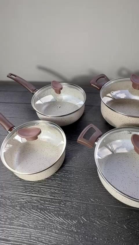 Jogo De Panelas 10 Peças Antiaderente Conjunto Frigideira Fervedor tampa de vidro Cor Coffee Cappuccino Kit Talheres